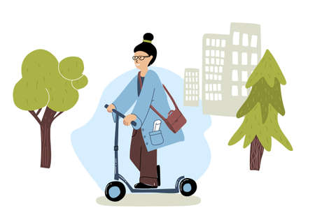 Woman rides on e-scooter in the city. People using eco transport. Flat design. Vector illustrationのイラスト素材
