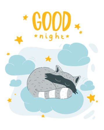 cute Raccoon sleeping on the cloud. Poster for kids Scandinavian style. Poster for baby with lettering. Good night lettering and cute animal. Vector illustrationのイラスト素材