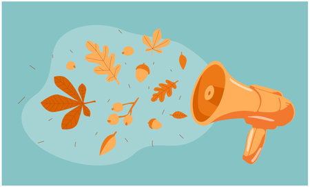 Megaphone announces autumn. Speaker with leaves and Fall. Autumn vibes. Autumn concept idea. . Vector illustrationのイラスト素材