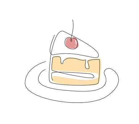 Cake line art. One line pie. Continuous line food. piece of cake in minimalistic design. good morning collection. design vector. For Menu and posters. For restaurants . Vector illustrationのイラスト素材