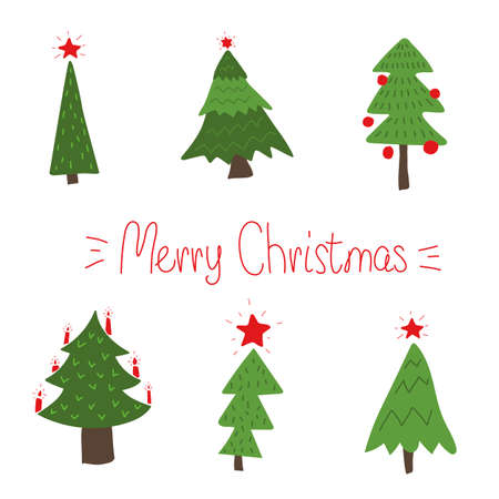 Xmas tree Set. Christmas tree in doodle style. Hand drawn Elements for new year deco. . Vector illustrationのイラスト素材