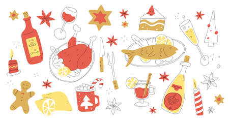 Christmas Menu Set in doodle style. Xmas eve food and drinks. Merry Christmas dinner. X-mas party tasty cooking. . Vector illustrationのイラスト素材