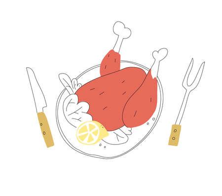 Chicken or Turkey fo christmas evening on a plate with knife. Flat and line design . Vector illustrationのイラスト素材