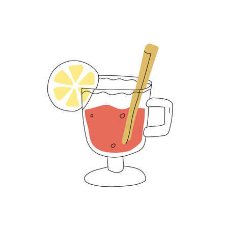 Mulled wine in glass with lemon and spices. Flat and line style. Vector illustrationのイラスト素材