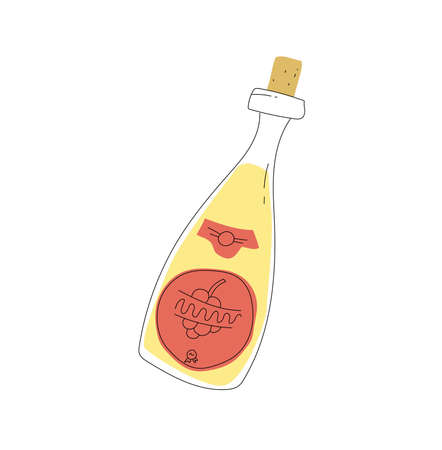 Bottle of champagne with a cork, new year drink. Flat and line style. Vector illustrationのイラスト素材