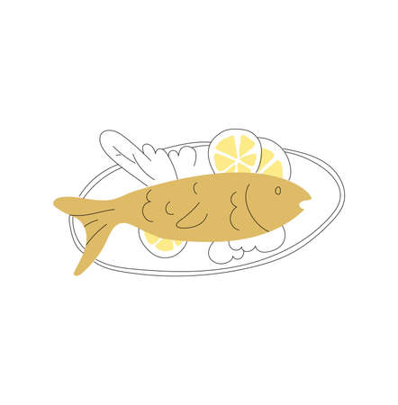 Fish on a plate with Salat in doodle style. Merry Xmas meal in doodle style. . Vector illustrationのイラスト素材