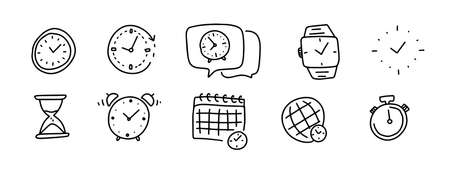 Time doodle icons. Watch hand drawn elements collection. cartoon vector illustration of watches. Vector illustrationのイラスト素材