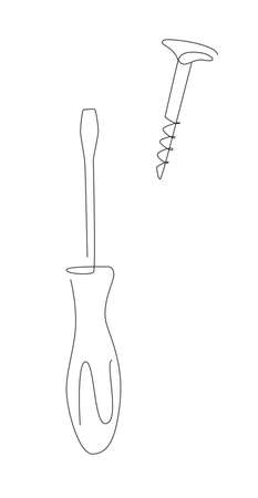 Screw and Screwdriver one line. haushold tool line art. Hand tool for reparing. Vector illustrationのイラスト素材