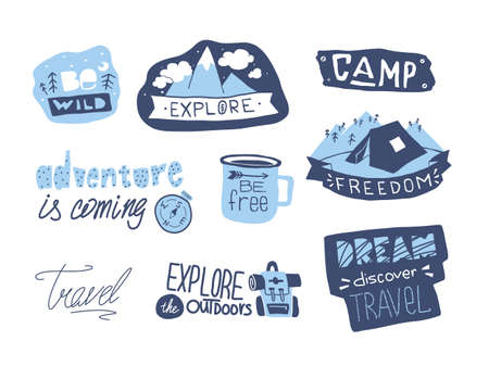 Wild adventure sticker. Flat hiking emblem. Mountains lettering sign. Explore and adventure vector set. Vector illustrationのイラスト素材