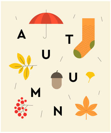 Autumn poster with text and seasonal elements. Fall season postcard with socks. leaves and decorative backgroundのイラスト素材