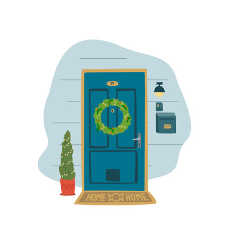 X-Mas decorated home front door. Christmas tree by the house door with Wreath and Deco for party. Postcard, invitation or poser for new year and Merry Christmasのイラスト素材