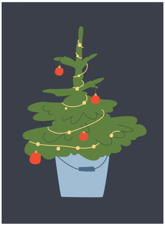 A small Christmas tree in the bucket with decoration, toys and Christmas light. Flat design for xmas.のイラスト素材