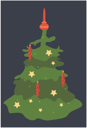 Christmas tree with decoration, toys and Christmas lightfoot xmas. Flat design.のイラスト素材