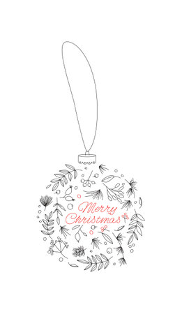 Marry Christmas decoration with simple elegant floral elements. Xmas tree bauble for postcard and invitationのイラスト素材