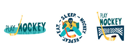 Ice hockey labels set with lettering and quote. Sport label with motto hand drawn.のイラスト素材