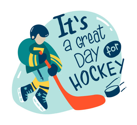 Flat Hockey Emblem with a goalie. Ice Hockey Label with motto and goalkeeper. Simple, doodle, cartoon, hand drawn .のイラスト素材