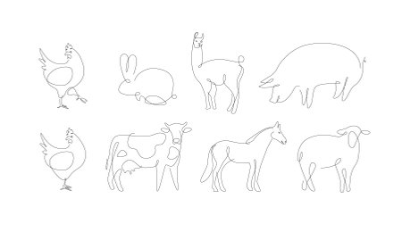 Household animals one line vector. Pets linear. Pig and chicken.のイラスト素材