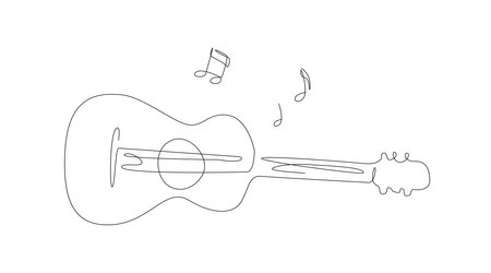 One line acoustic guitar illustration with notes. Music band instrument line art. steel guitar logo icons vector designのイラスト素材