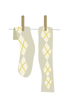 A pair of socks hanging on a clothesline. Laundry flat illustration. Clean and fresh clothes and underwearのイラスト素材
