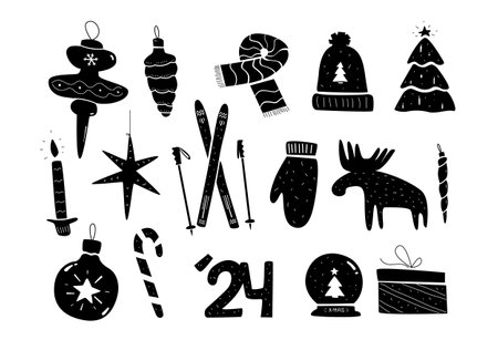 Xmas set with different elements. Winter clothes, Christmas tree and ornaments. Holidays decoration. Simple black and white vector illustration.のイラスト素材