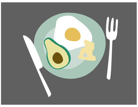 the essence of a healthy low-carb diet in this flat design illustration. A plate adorned with egg, cheese, and avocado presents a delicious and nutritious keto culinary delightのイラスト素材