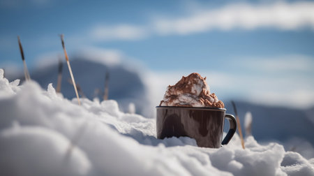 Mug of hot chocolate on the snow with mountains in the backgroundの素材