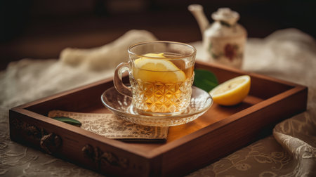 Cup of tea with lemon and mint on a wooden tray.の素材