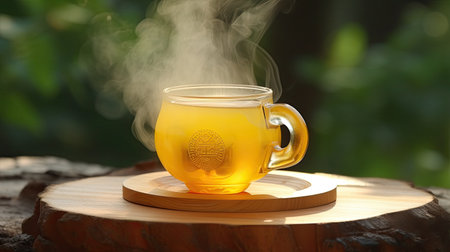 Cup of green tea with steam on wooden table outdoors, closeupの素材