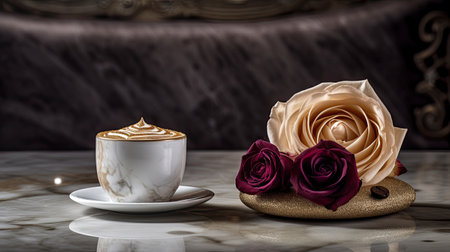 Cup of cappuccino with rose flowerle tableの素材