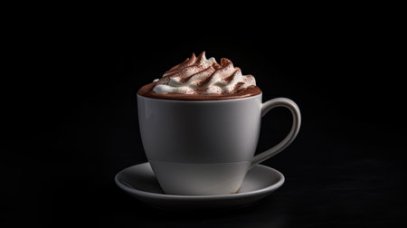 Hot chocolate with whipped cream in a white cup on a black backgroundの素材