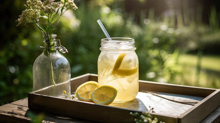 Lemonade in a glass jar with a straw on a wooden tray in the gardenの素材