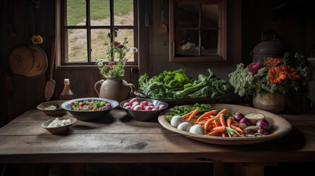 Vegetables on a wooden table in an old rustic kitchenの素材