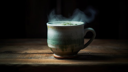 Cup of hot coffee with steam on wooden table in dark roomの素材