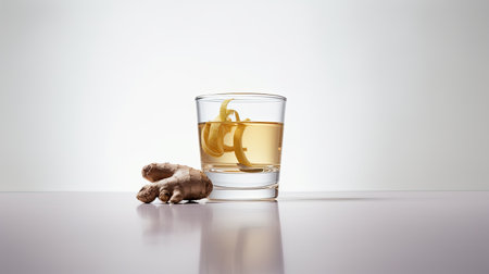 Ginger tea in a glass with lemon and ginger root on white backgroundの素材