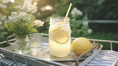 Lemonade in a glass jar on a table in the gardenの素材