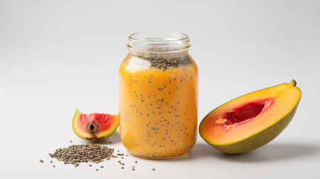 Healthy smoothie with chia seeds and mango on white backgroundの素材