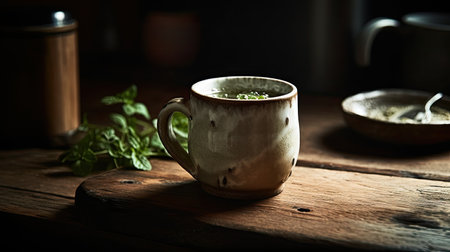 Green tea with mint in a cup on a wooden table, selective focusの素材