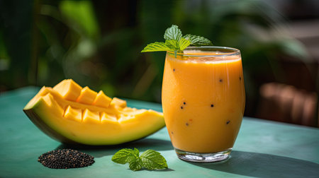 Mango smoothie in a glass with fresh melon and mintの素材
