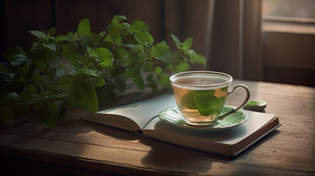 Cup of tea with mint leaves and book on wooden background.の素材