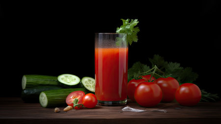 Tomato juice in a glass and fresh vegetables on a black backgroundの素材