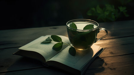 Cup of green tea with mint leaves and open book on wooden tableの素材