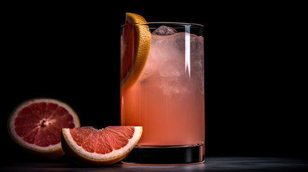 Cocktail with grapefruit and ice on a black background.の素材
