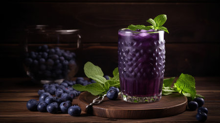 Blueberry smoothie with mint and berries on a wooden background.の素材
