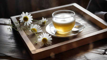 Cup of tea with chamomile flowers on a wooden trayの素材