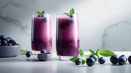 Blueberry smoothies in glasses with fresh berries and mintle backgroundの素材