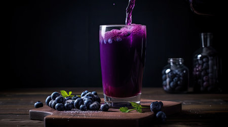 Blueberry juice in a glass on a wooden table. Black background.の素材