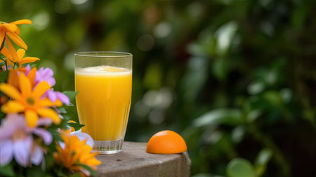 Orange juice in a glass with orange and flowers on green background.の素材