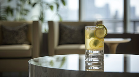 Lemonade with lemon and ice in a glass on the tableの素材