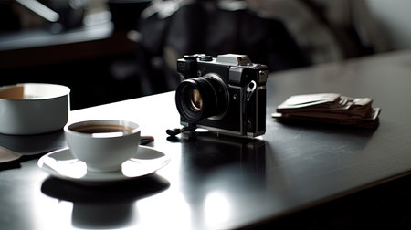 Coffee cup and old camera on table in coffee shop.の素材