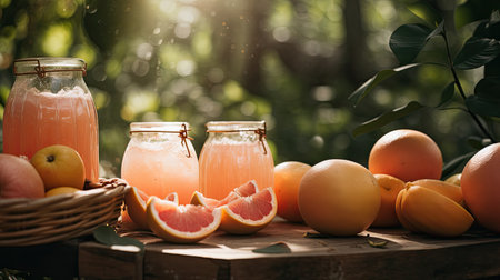 Grapefruit and orange juice in a glass jar on a wooden tableの素材